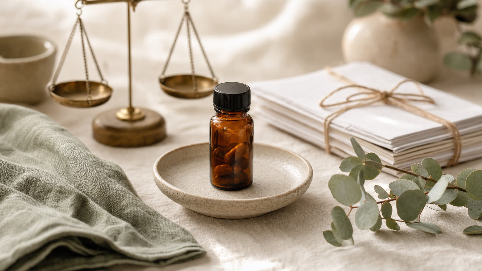 Editorial flat lay: amber prescription vial with brass balance scale and paper documents on cream linen
