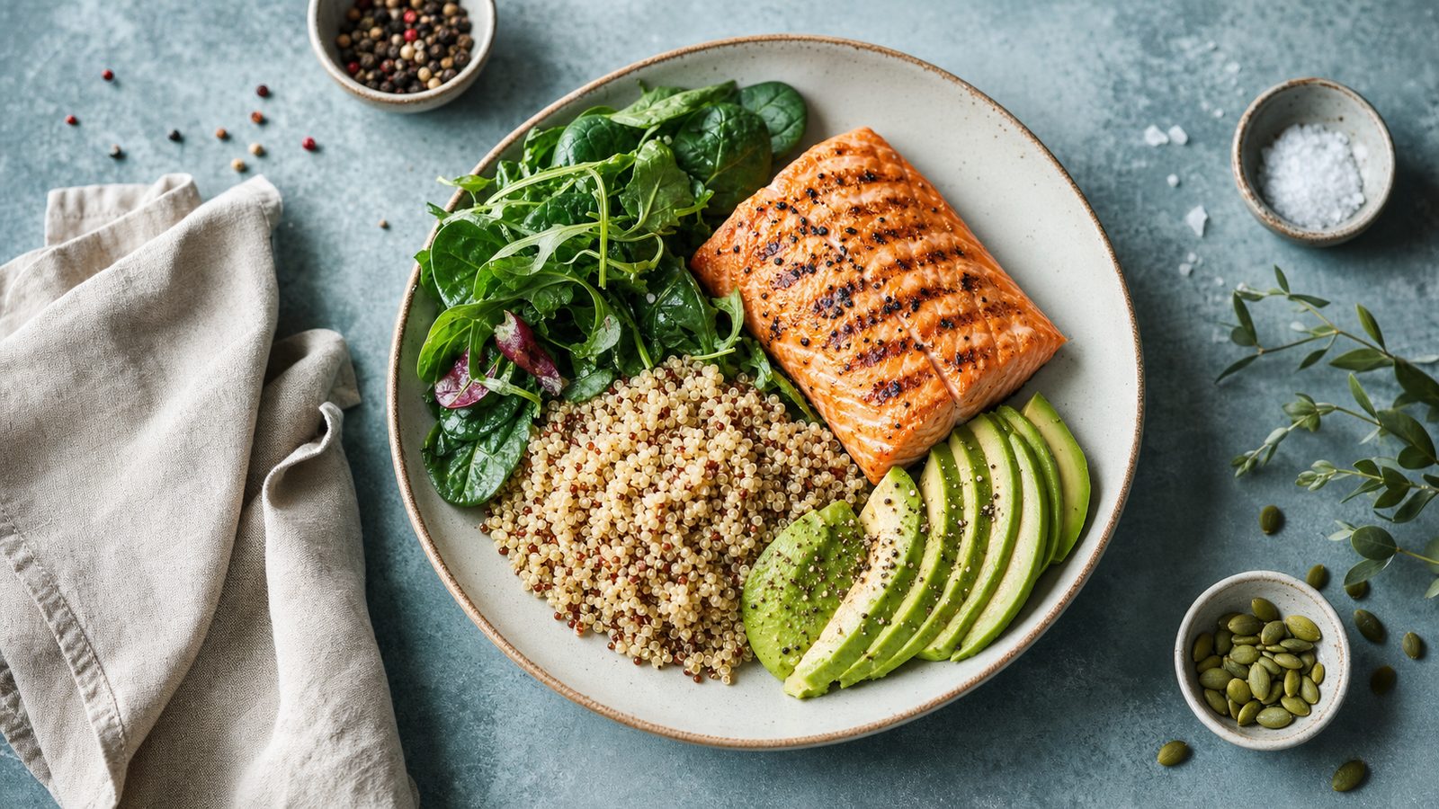 Plated protein foods on a warm-toned ceramic plate — eating on GLP-1