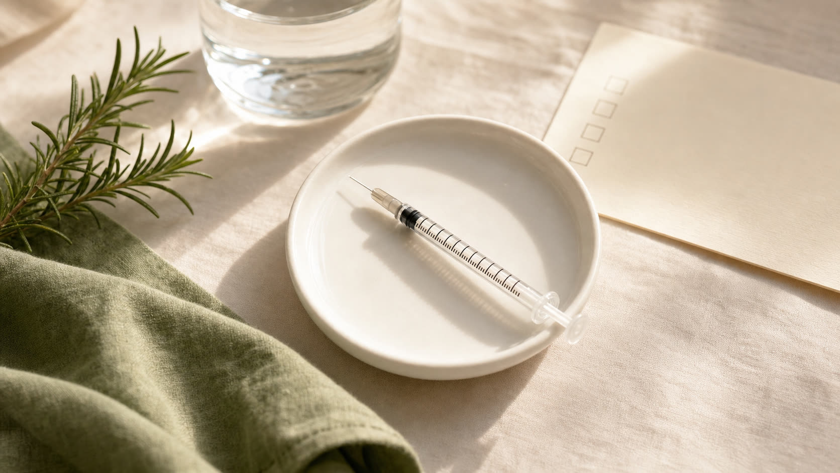 Editorial flat lay: injection syringe on ceramic dish with rosemary and checklist card