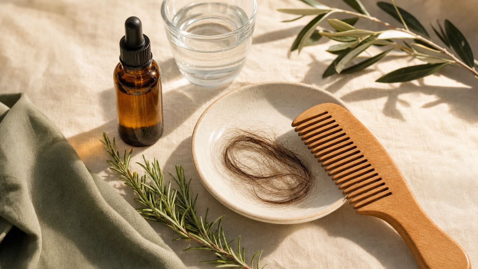 Editorial flat lay: wooden comb, ceramic dish, amber serum bottle and rosemary sprig on cream linen