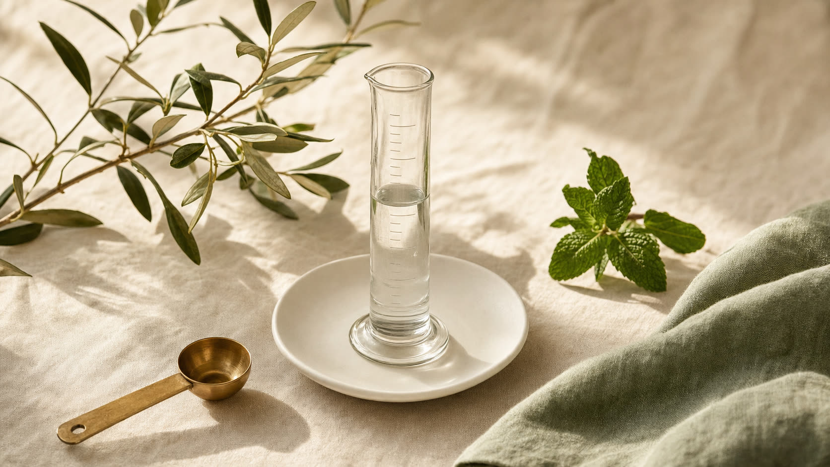 Editorial flat lay: half-filled measuring cylinder with brass spoon and olive branch