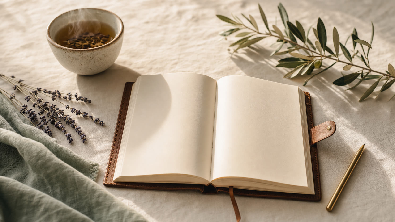 Editorial flat lay: open leather journal with brass pen, herbal tea and lavender