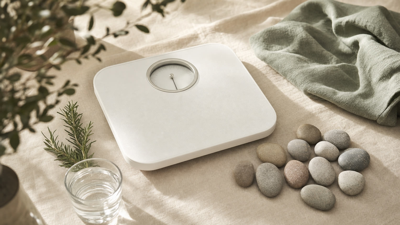 Editorial flat lay: minimalist white scale with river stones representing GLP-1 usage rate