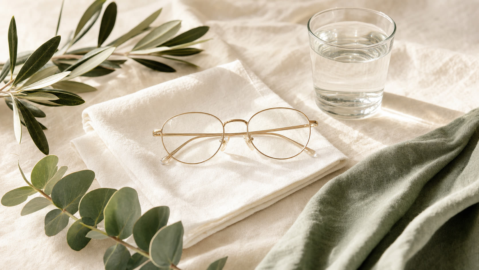 Editorial flat lay: gold-rimmed reading glasses on white folded cloth with eucalyptus