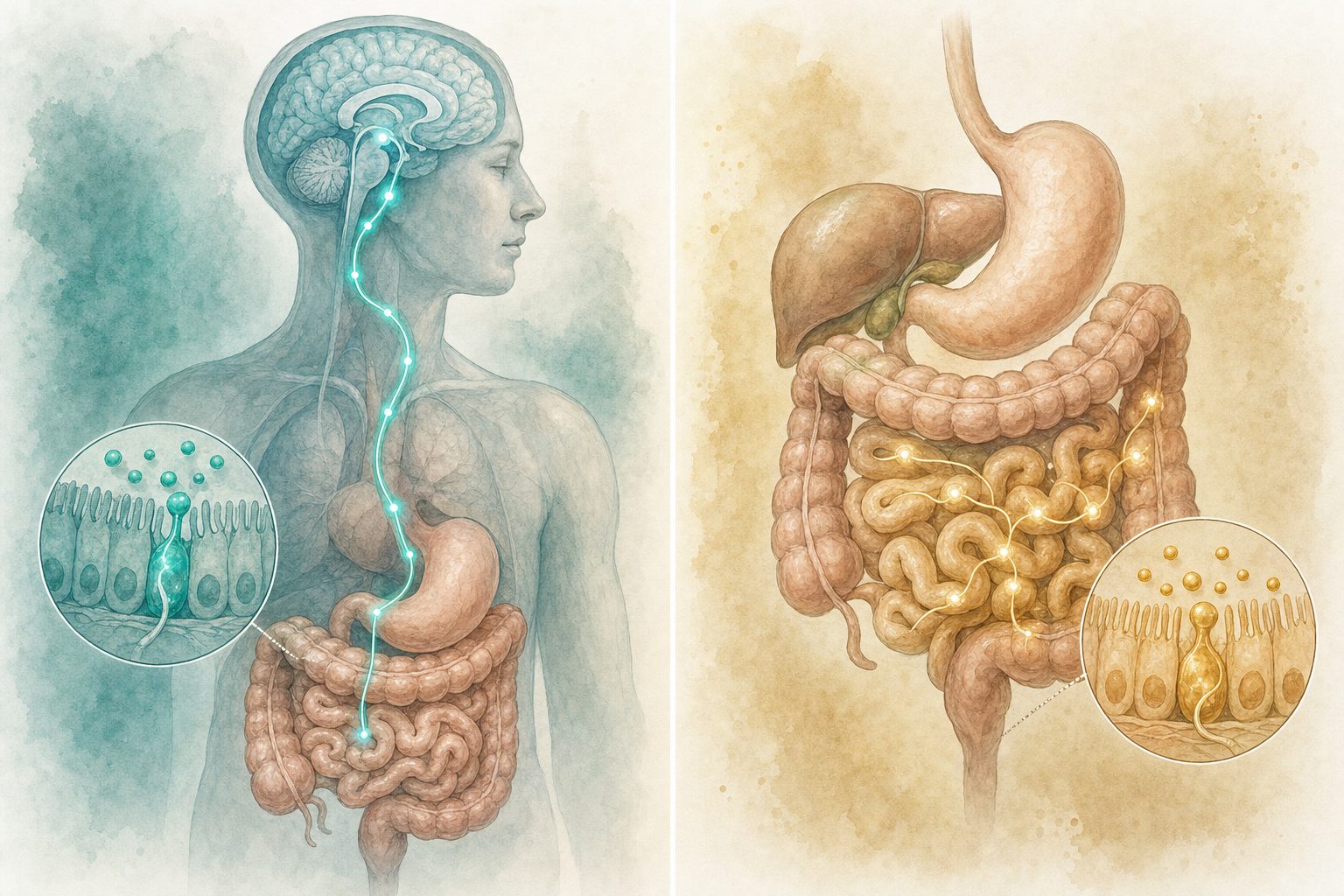 Stylized molecular illustration on deep teal background — GLP-1 vs GLP-2