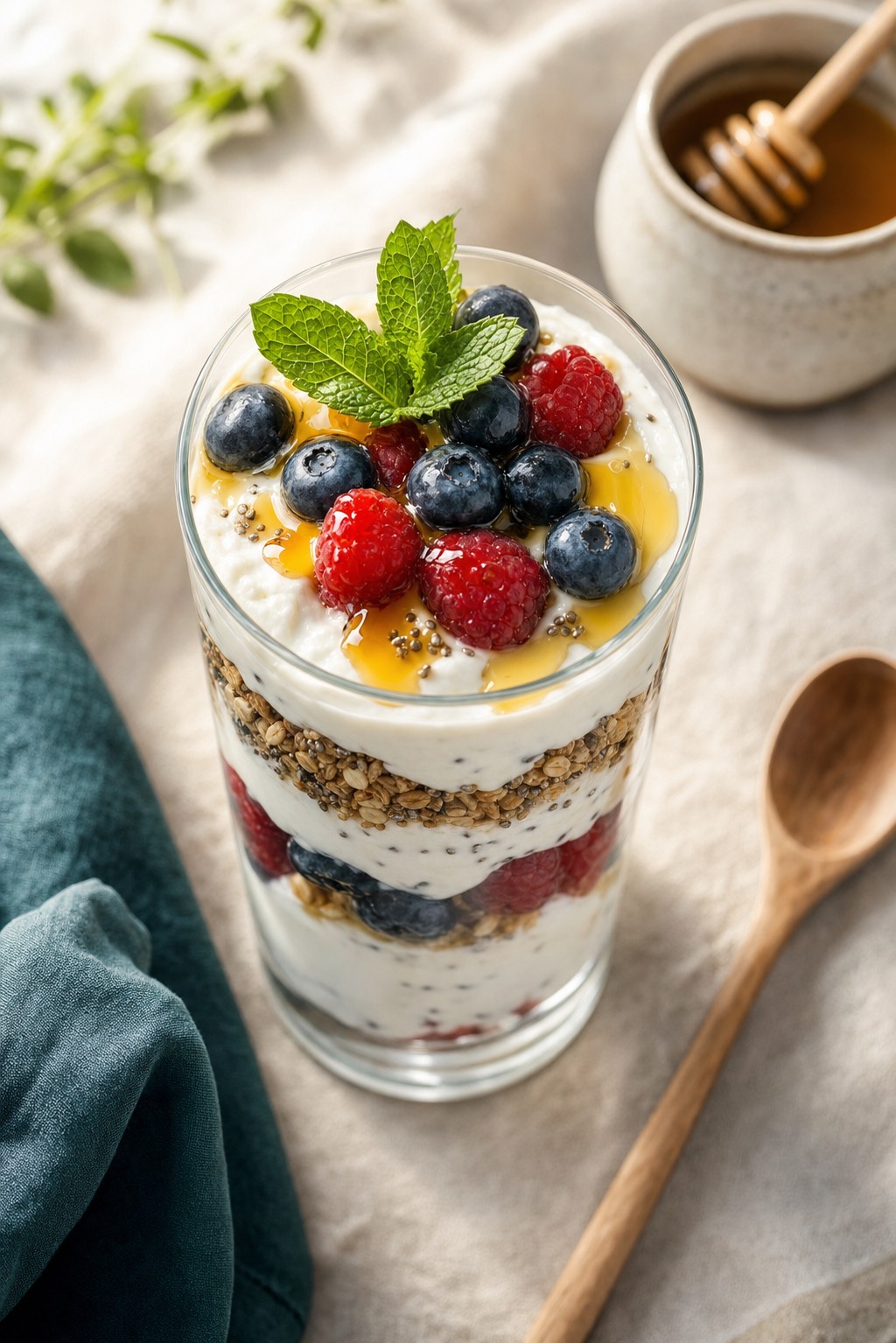 Layered Greek yogurt parfait in a tall glass with berries, granola, and honey on a cream linen tablecloth