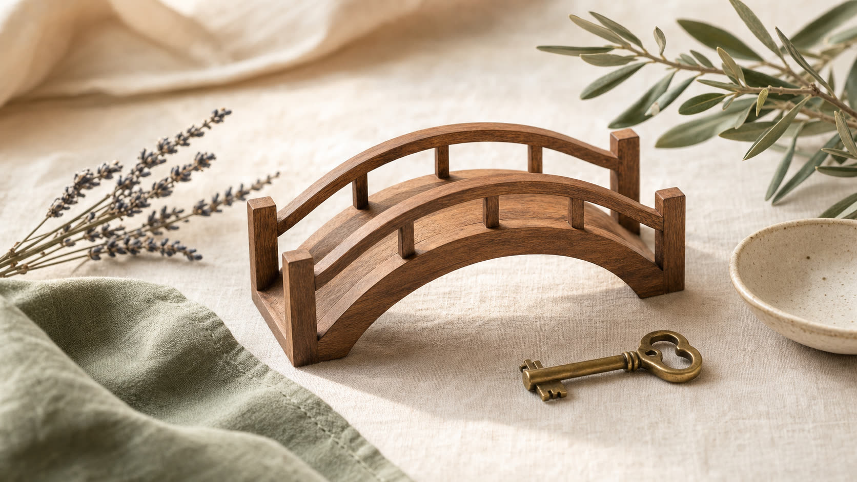 Editorial flat lay: wooden bridge model with brass key and lavender representing Medicare GLP-1 bridge