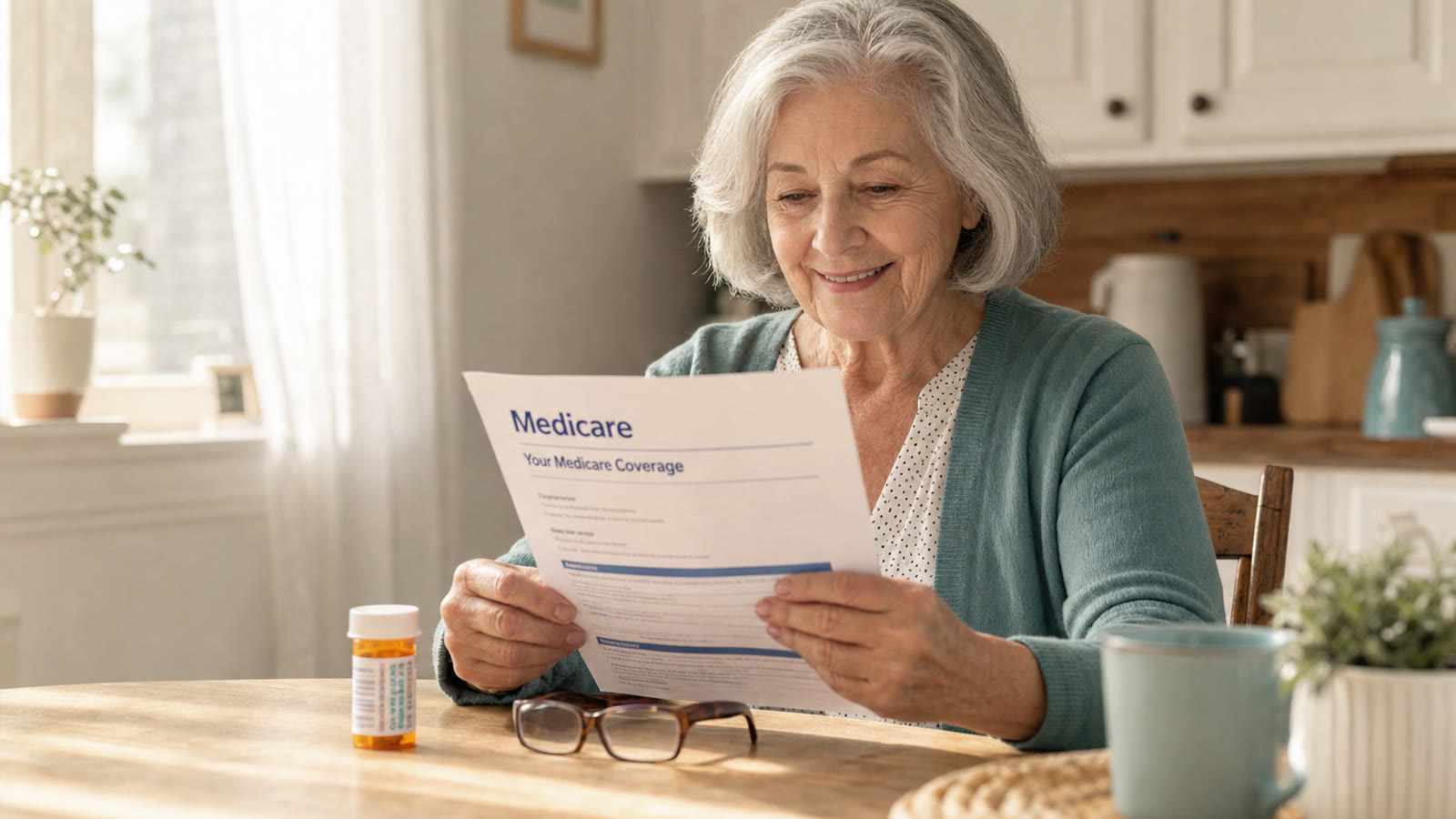 Older adult reviewing Medicare paperwork at kitchen table with prescription bottle — Medicare GLP-1 Bridge program