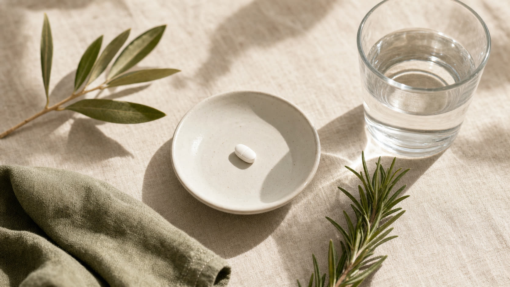 Editorial flat lay: small white oval pill on ceramic dish with rosemary and olive leaves on cream linen