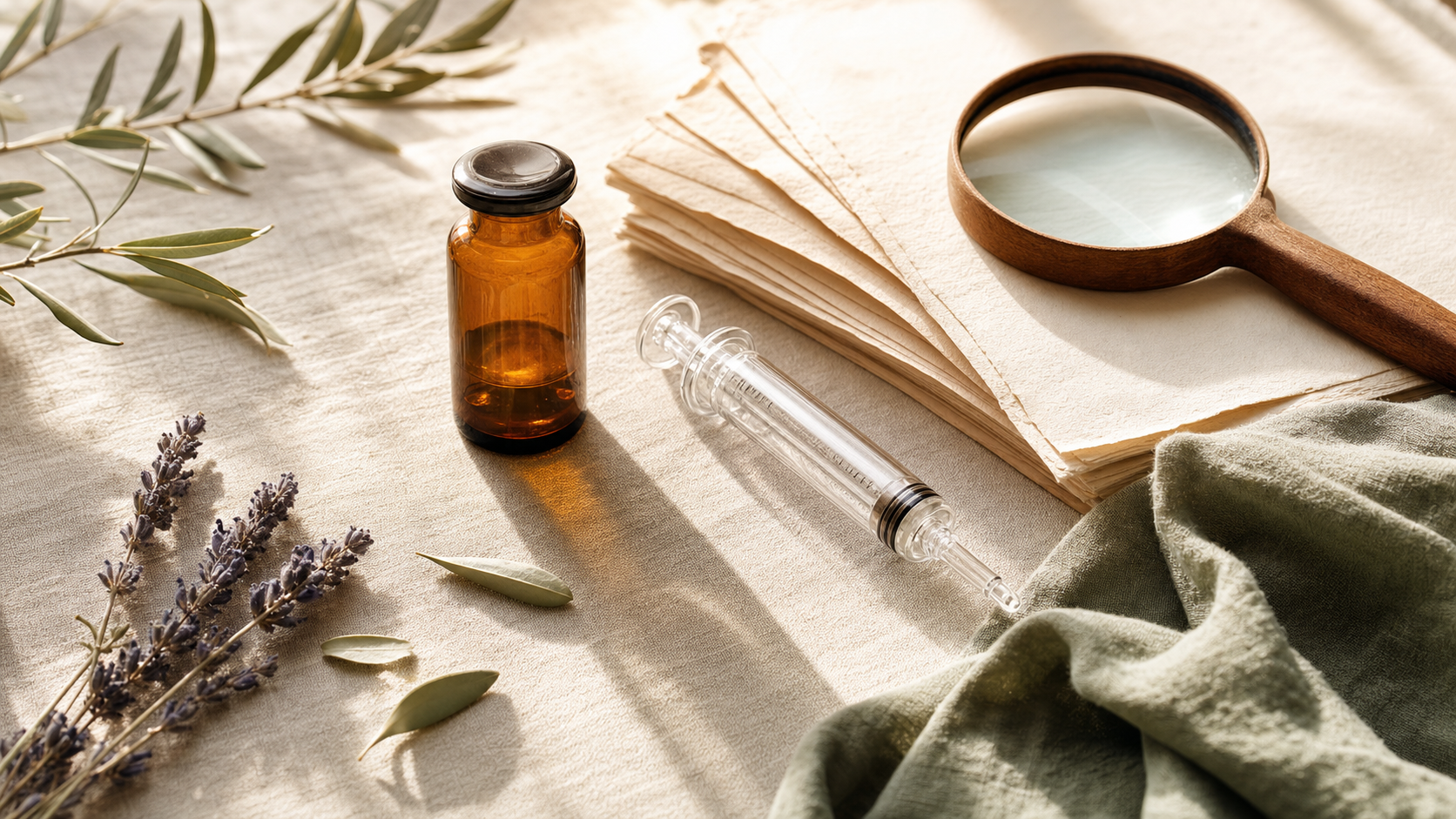 Editorial flat lay: amber medicine vial, syringe, official documents, magnifying glass on cream linen