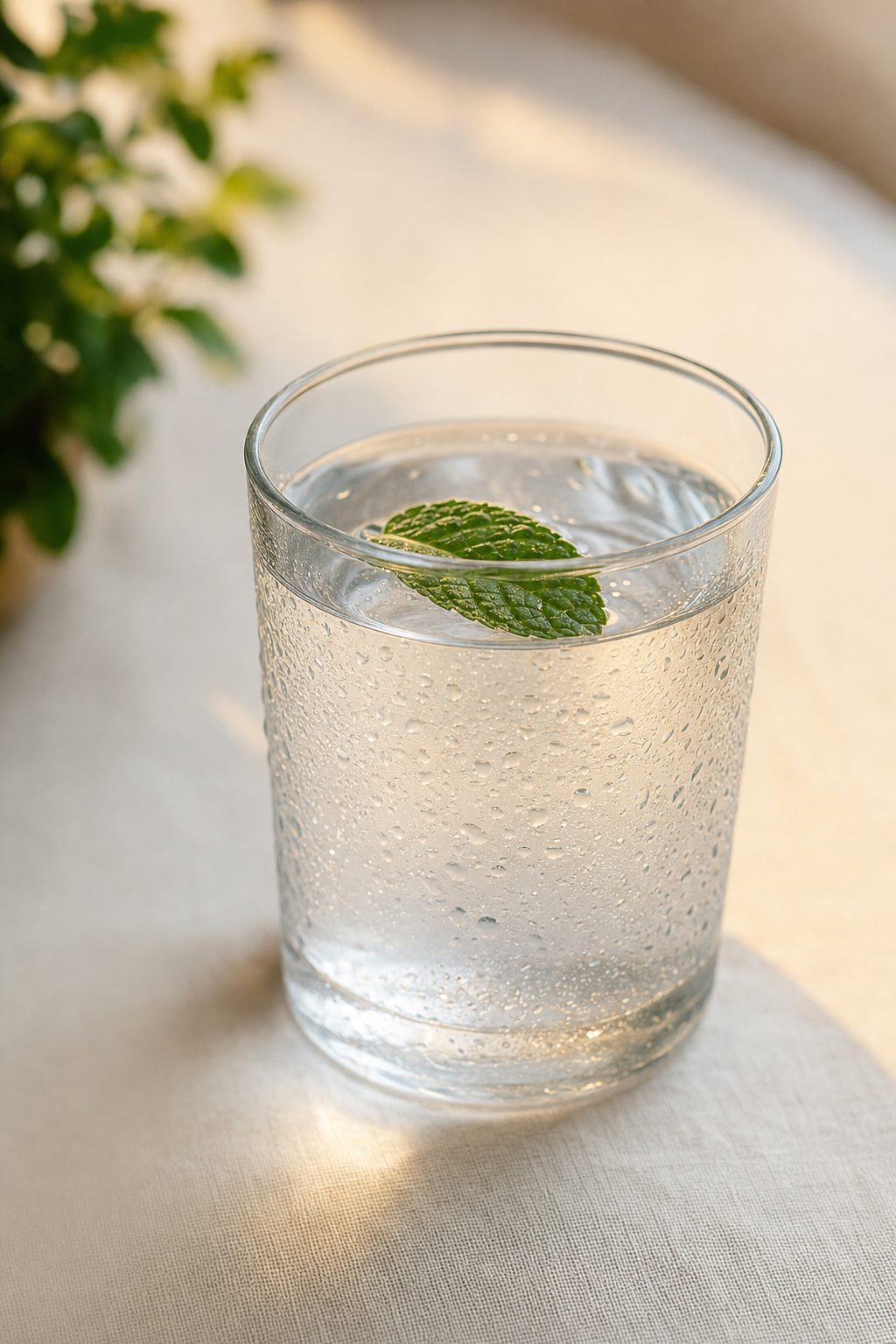 A clear glass of cool water with a fresh mint sprig — calm and restorative
